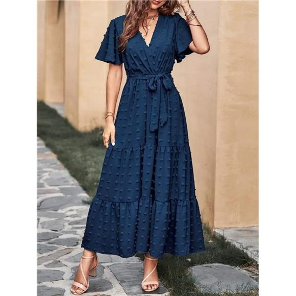 Women Boho Swiss Dot Maxi Dresses V Neck Flutter Short Sleeve Flowy Long Dresses - Picture 3 of 6